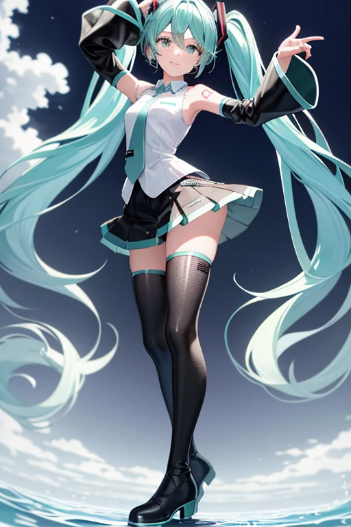 Hatsune Miku, feliz, sorriso, Boca aberta, cantoria, Dancing, mais alta qualidade, high resolution. detalhes intrincados,da mais alta qualidade, Chromatic aberration, 1 garota em, Sozinho, saia molhada nua na praia, Hatsune Miku, cabelo longo, coxas coxas coxas coxas, Cauda dupla, mangas destacadas, gravata, Thigh botas longas, botas longas, sem mangas, headphone headset, water eyes, saia plissada, water hair, corpo todo, sem mangas Shirt, Fundo, Very cabelo longo, fundo branco, black shoes, coxas pretas, Hair Ornament