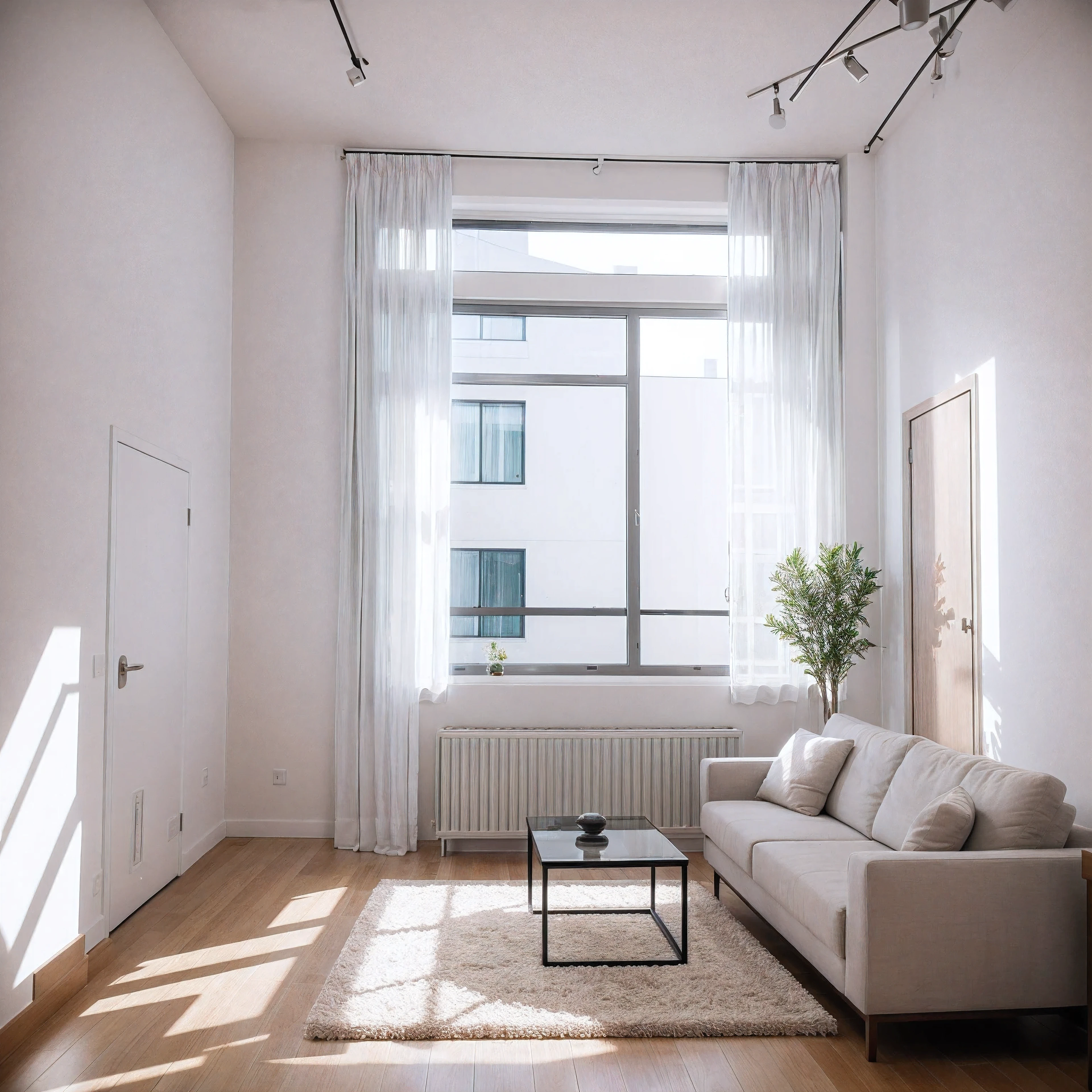 highest quality,masterpiece,interior design,unmanned,Modern Style,living room,window,Daytime,sunlight、Studio、Apartment、The walls are white、There is nothing in the room