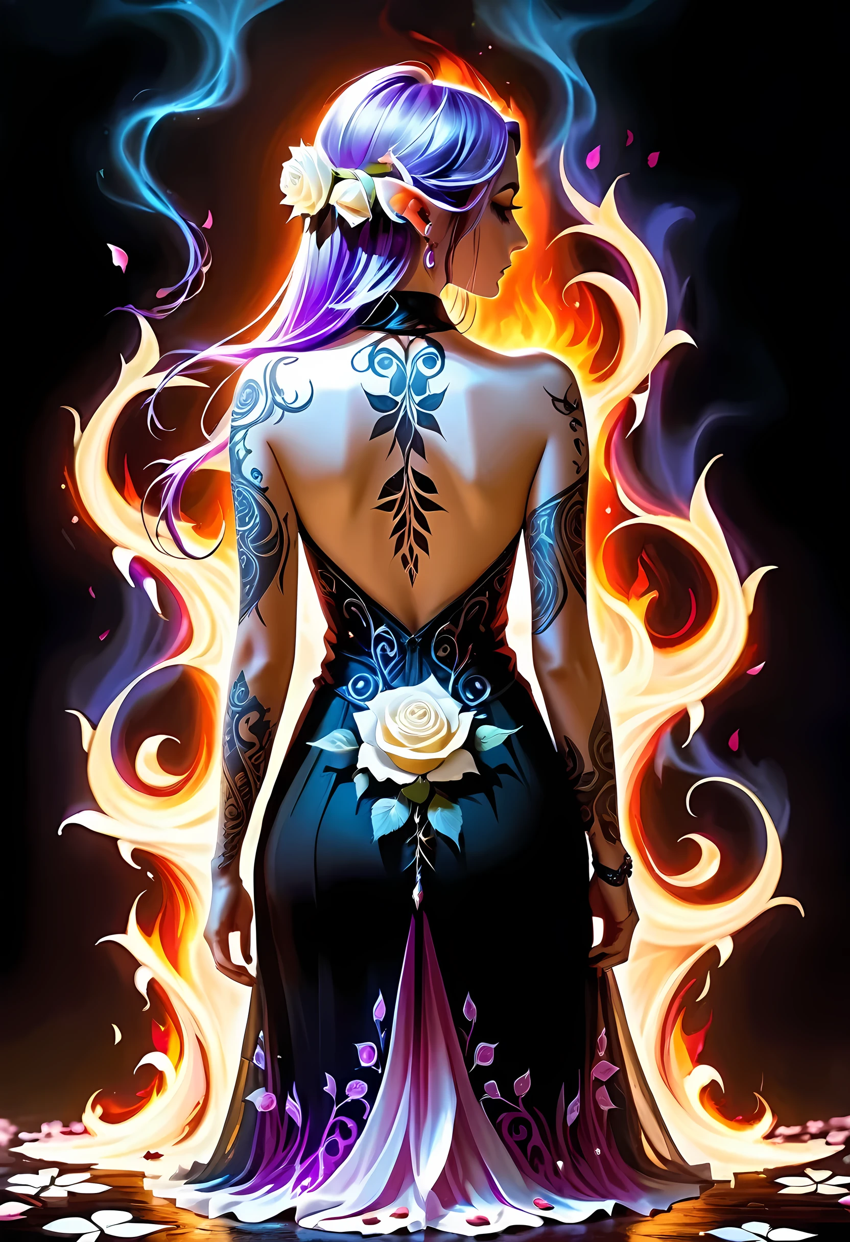 Arafed, Dark fantasy art, fantasy art, goth art, a picture of a tattoo on the back of a female elf, a glowing tattoo of a ((white rose: 1.3)) on the elf's back, the ((rose tattoo)) is vivid, intricate detailed coming to life from the ink to real life, GlowingRunesAI_purple, ((fire surrounds the rose petals: 1.5)), shot taken from the back, ((the back is visible: 1.3), she wears a transparent  black dress, bare back, the dress is elegant, flowing, elven style, that the (tattoos glow: 1.1), dynamic hair color, dynamic hair style, faize, trimmed dress, frills, velvet corset, strapless,