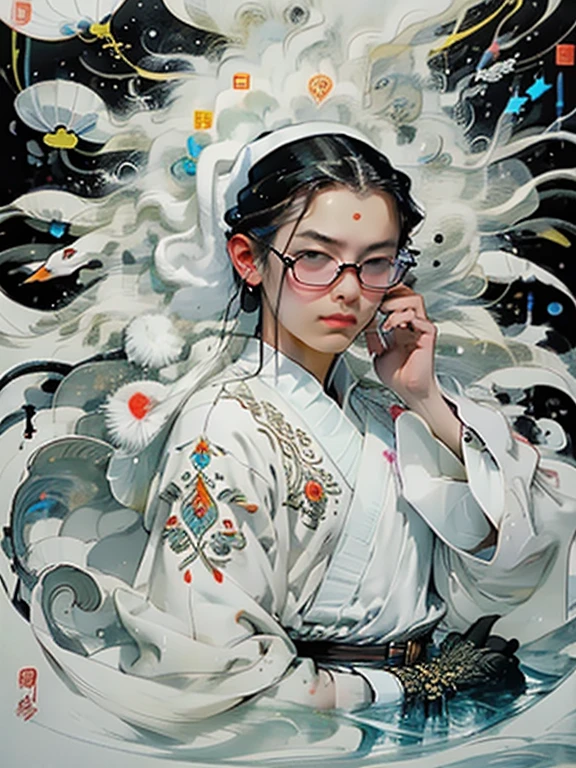 monochrome fantasy style illustration/ luxurious portrait //white swan in a Russian caftan/, full face// illustration in the style of Vsevolod Ivanov, in the style of Sergei Solomko, acrylic, tempera, the finest drawing of feathers, precise drawing of paws, strict observance of anatomical forms, modern, dark nerd, filigree, hyperdetalization, hyperrealism, minimalism, colorfulness