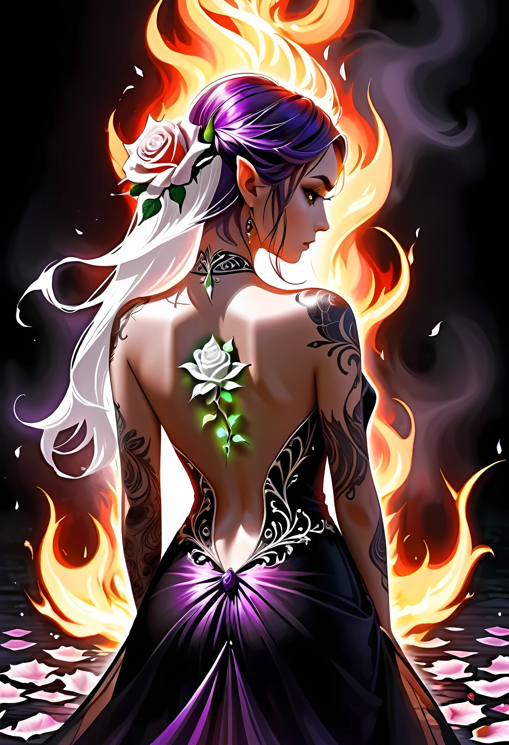 Arafed, Dark fantasy art, fantasy art, goth art, a picture of a tattoo on the back of a female elf, a glowing tattoo of a ((white rose: 1.3)) on the elf's back, the ((rose tattoo)) is vivid, intricate detailed coming to life from the ink to real life, GlowingRunesAI_purple, ((fire surrounds the rose petals: 1.5)), shot taken from the back, ((the back is visible: 1.3), she wears a transparent  black dress, bare back, the dress is elegant, flowing, elven style, that the (tattoos glow: 1.1), dynamic hair color, dynamic hair style, faize, trimmed dress, frills, velvet corset, strapless,