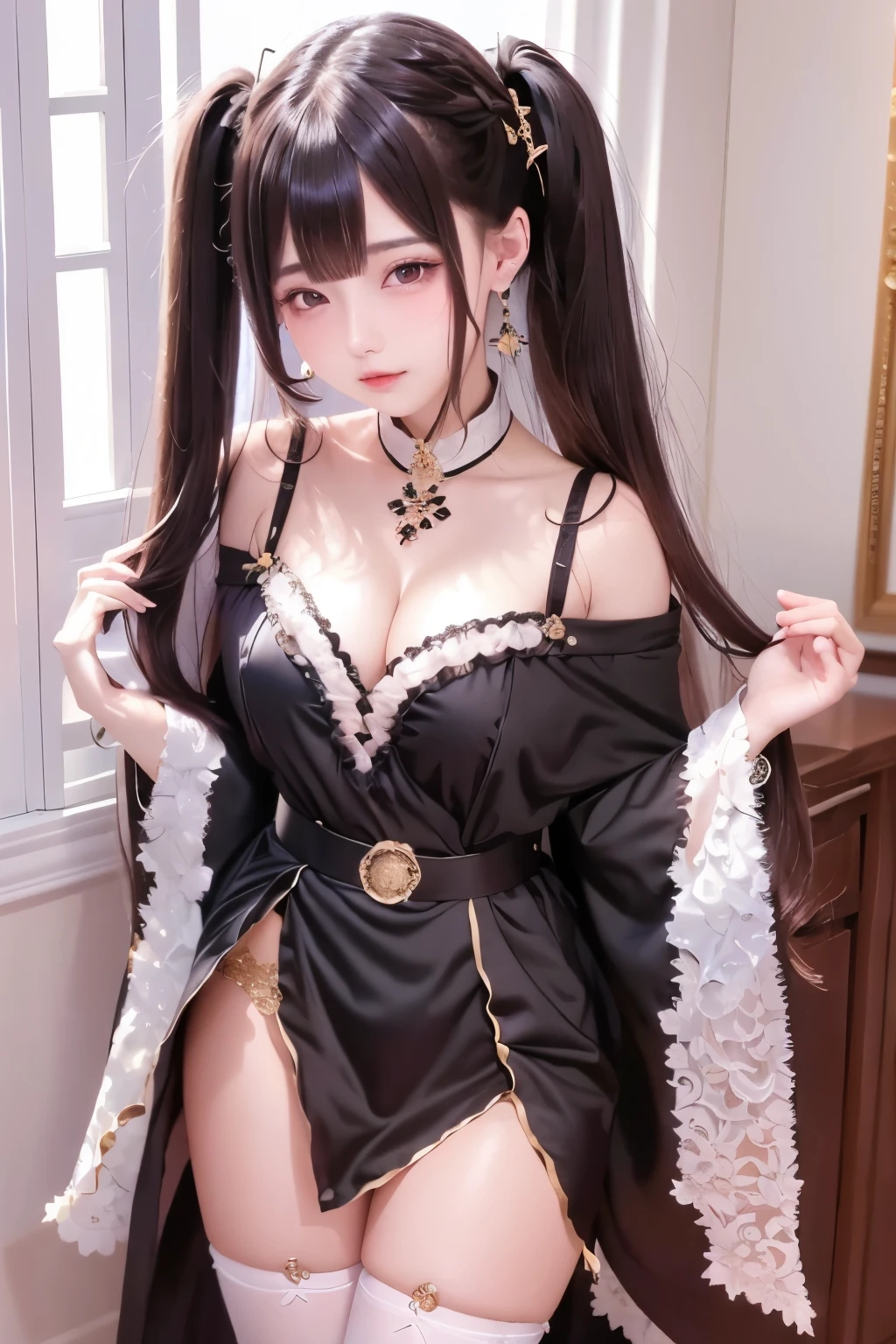 (masterpiece, highest quality), Intricate details, One girl, Long Hair, The front hair is up、 jewelry, Earrings, Twin tails, sexy、Long sleeve, Capelet, 黒のCapelet, dress, white dress, belt, pantyhose