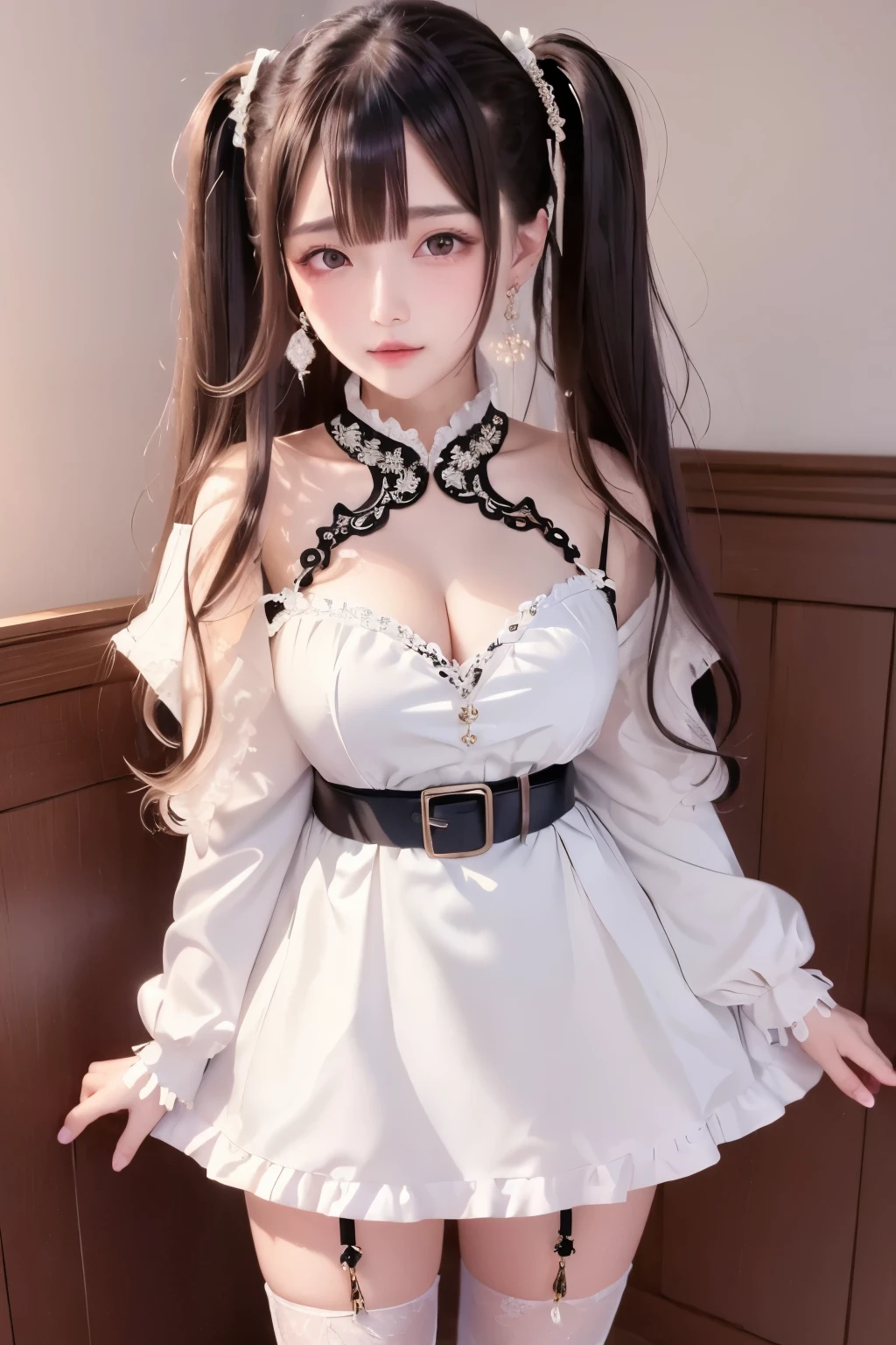(masterpiece, highest quality), Intricate details, One girl, Long Hair, The front hair is up、 jewelry, Earrings, Twin tails, sexy、Long sleeve, Capelet, 黒のCapelet, dress, white dress, belt, pantyhose
