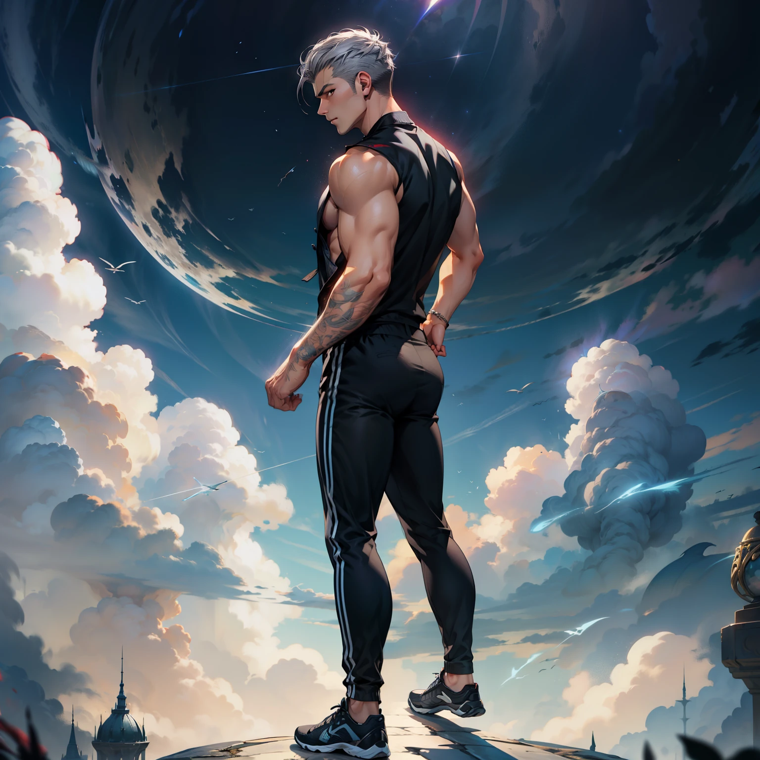 1boys, Full body, Serious face, brown eyes, muscular, ((gray hair)), medium length hairstyles, ((black tucked in sleeveless shirt)), black tracksuit pants, black shoes, levitate on sky, blue sky, cloud, side back view
