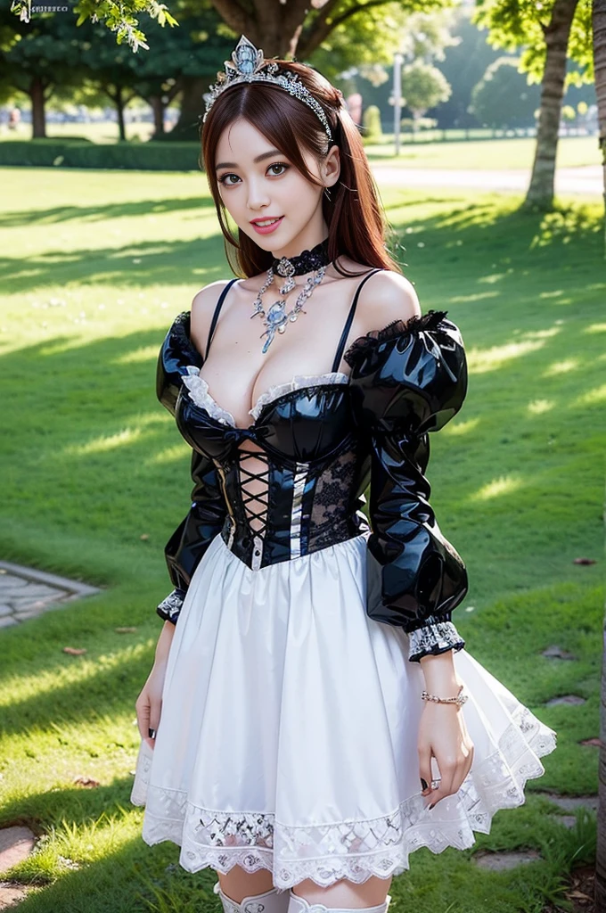 (nsfw), sexy stylish Swedish model, only 1 female, ((doll-like appearance)), short Auburn stylish hair, ((shiny Victorian-Style boots)), (big smile), ultra detailed eyes, vivid eye makeup, lipgloss, long lashes, defined eyebrows, ((sexy Paradise Kiss cosplay)), bell-shaped skirt, petticoats, high neckline, puffed sleeves, ((ultra detailed lace)), ((ultra detailed embroidery)), intricate details, Paradise Kiss accessoires and matching headpiece, choker, ((large sparkling Paradise Kiss jewelry)), cinematic light, detailed large park background with trees