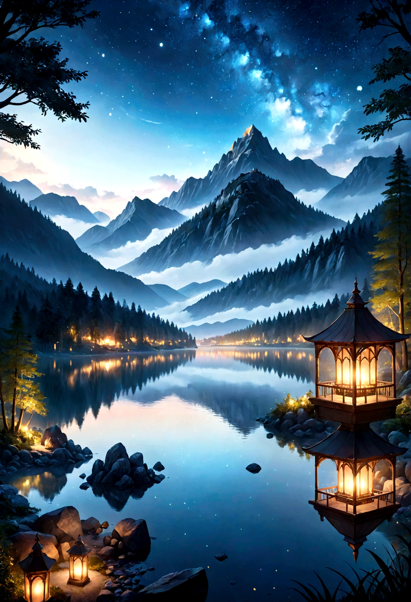 35mm Photography, movie, Bokeh, Professional, Mountains in the background、Beautiful fantasy forest with lake at night with millway in the sky, Surreal, Ultra-realistic, Sharp focus, 32k, (((masterpiece))) (((Ultimate Quality))), Exquisite beauty, Highest Texture Resolution, Realistic, Fantasy Setting, A magnificent composition