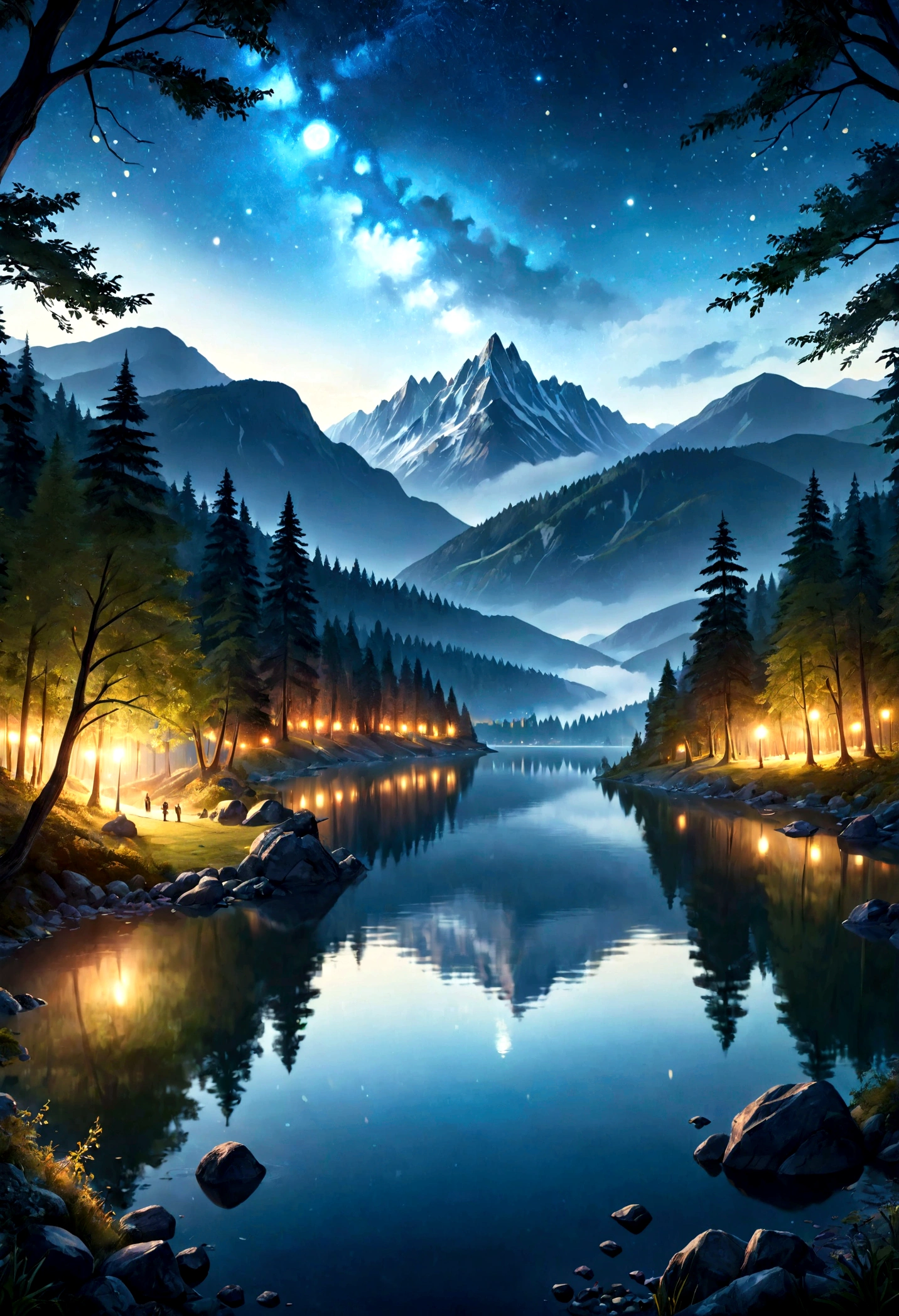 35mm Photography, movie, Bokeh, Professional, Mountains in the background、Beautiful fantasy forest with lake at night with millway in the sky, Surreal, Ultra-realistic, Sharp focus, 32k, (((masterpiece))) (((Ultimate Quality))), Exquisite beauty, Highest Texture Resolution, Realistic, Fantasy Setting, A magnificent composition