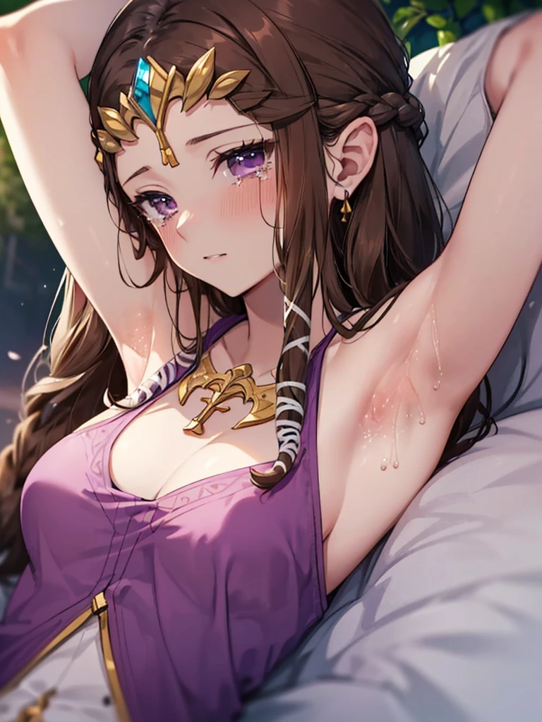 ((Purple blouse)),(((Show your armpits))),,((Crying)),Blushing,Princess Zelda, ((highest quality)), (Very detailed), ,(((Exposed shoulders))),beauty,beautiful,Princess Zelda, ((Chest do-up)),
Nintendo, The Legend of Zelda,Long Hair,Brown Hair,Big Breasts
