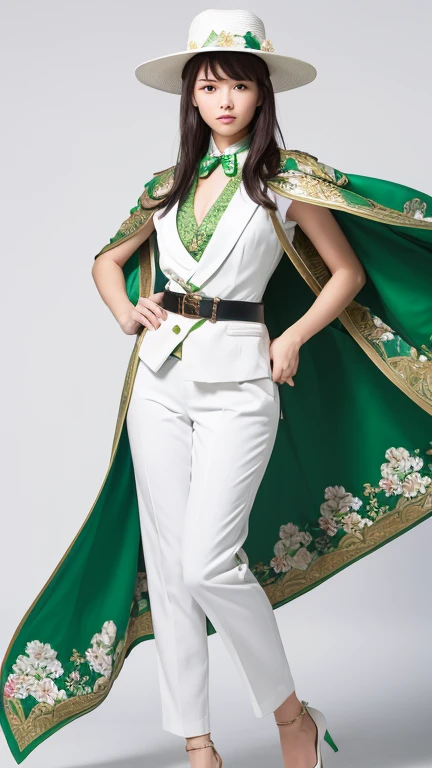 female knight,He is wearing a white floral short-sleeved suit and fitted white pants.。, Expose your belly a little.,He is wearing a green floral vest、Holding a sword in his left hand。.,She is wearing a green floral cape, Green belt and white high heels.,Wearing a white hat covering one eye,whole body,