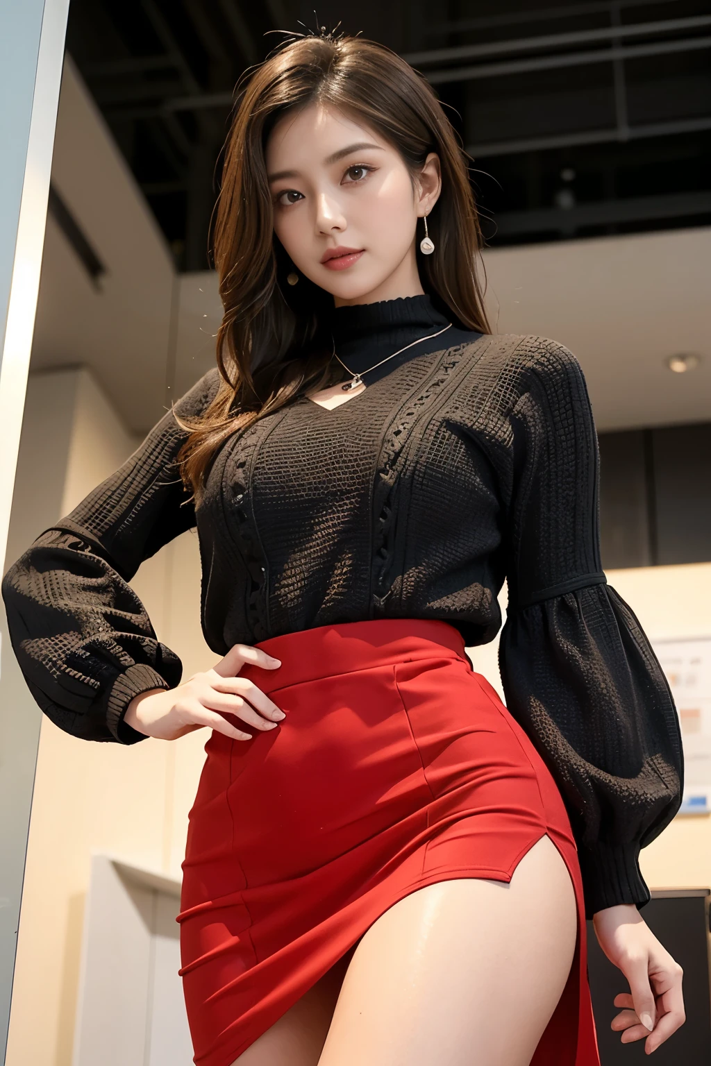 highest quality, 8k, masterpiece, Beautiful woman with perfect figure, whole body, Thighs, (Shot from below), Office Background, Shortcuts, Brightly colored miniskirt dress, Chest is open, Shapely bust, Slim and toned waist, Soft big ass, looking at the camera, Highly detailed face and skin texture, Fine grain, double eyelid, 25-year-old woman, Mature Woman