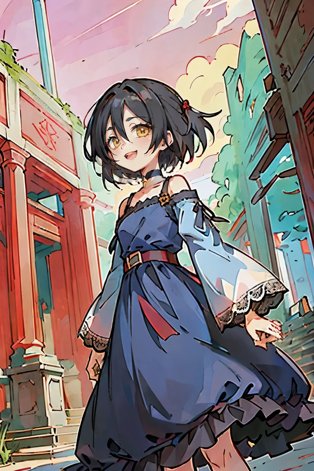 Hui Xiyi, Rekkyo Sensen, fantasy world, ruins, fort, beautiful sky, shining sky, sunshine, camisoles, belts, blue clothes, cross choker, wind blowing dress, lace dress, off-shoulder sleeves, dress, blue clothes