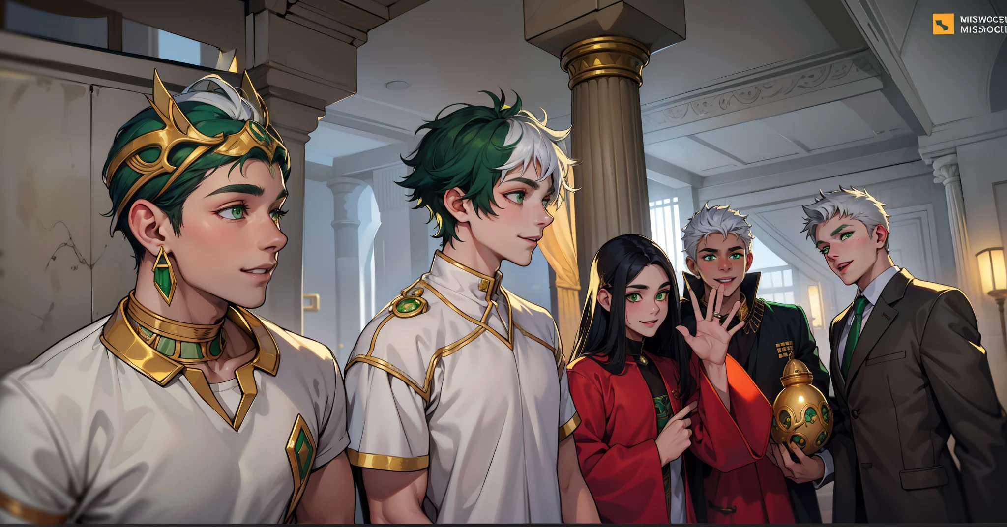 cute 18 year old boy green eyes white hair clothes from ancient egypt golden jewelry mischievous smile pocardia speaks with mockery irony green eyes so