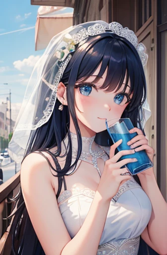 Second meeting,{masterpiece},{high quality},{Perfect Face}MECA Girlfriend,cute,Wedding dress,Italian restaurant,Drinking blue juice,Upper Body