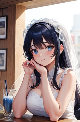 Second meeting,{masterpiece},{high quality},{Perfect Face}MECA Girlfriend,cute,Wedding dress,Italian restaurant,Drinking blue juice,Upper Body