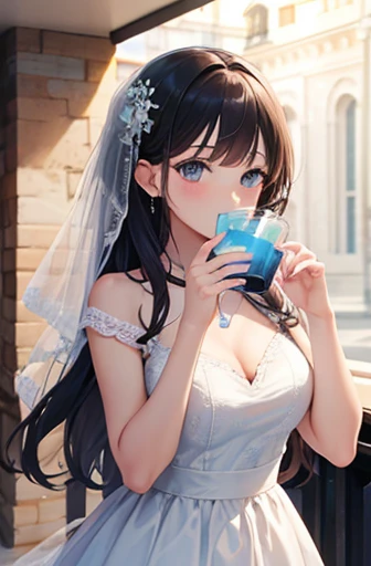Second meeting,{masterpiece},{high quality},{Perfect Face}MECA Girlfriend,cute,Wedding dress,Italian restaurant,Drinking blue juice,Upper Body