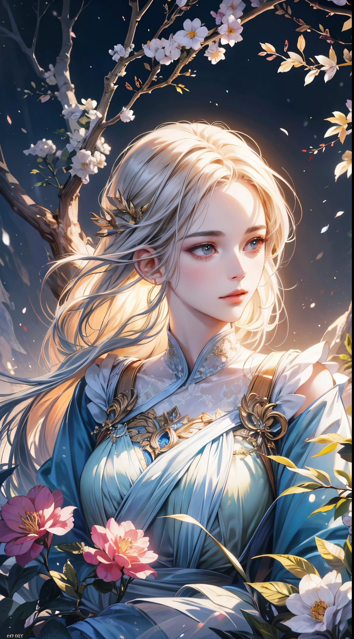 a detailed, beautiful, ethereal, exquisite portrait of a goddess, a lunar deity, with delicate, refined facial features, glowing skin, and a serene expression, surrounded by a lush, fragrant garden, (best quality, 4k, 8k, highres, masterpiece:1.2), ultra-detailed, (realistic, photorealistic, photo-realistic:1.37), HDR, UHD, studio lighting, ultra-fine painting, sharp focus, physically-based rendering, extreme detail description, professional, vivid colors, bokeh, digital art, concept art