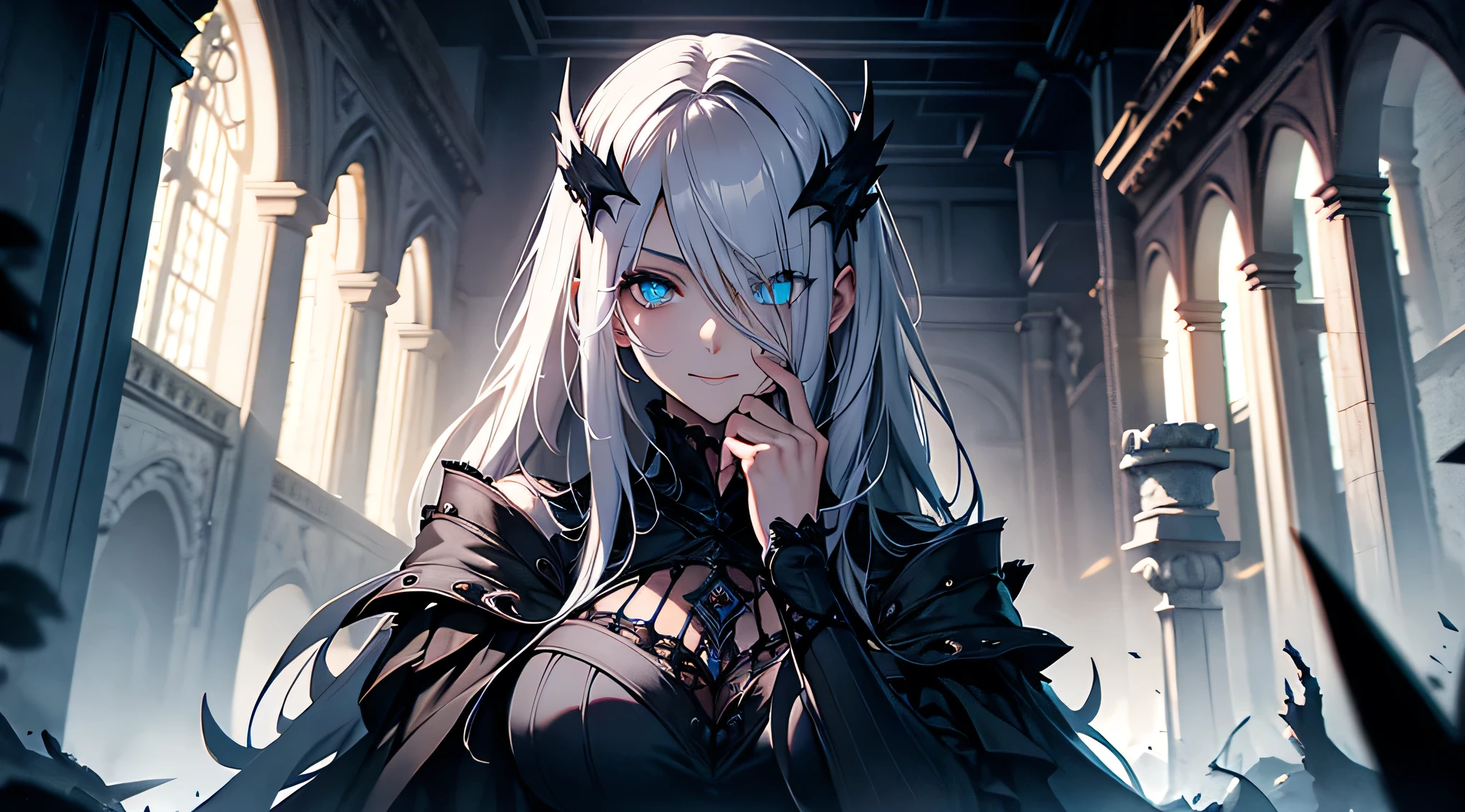 A stunning girl, her long flowing white hair and deep blue eyes captivating, is immersed within the ominous embrace of a colossal skull. Despite the chilling atmosphere, a sweet smile adorns her face, softening the eerie scene. The dim candlelight casts long shadows across the image, contributing to a dark and enigmatic ambiance. The detailed high-resolution depiction showcases an anime-inspired style, with a focus on intricate limb and facial features. The backdrop is bare, allowing the gothic beauty of the girl and the skull to stand out in stark contrast.