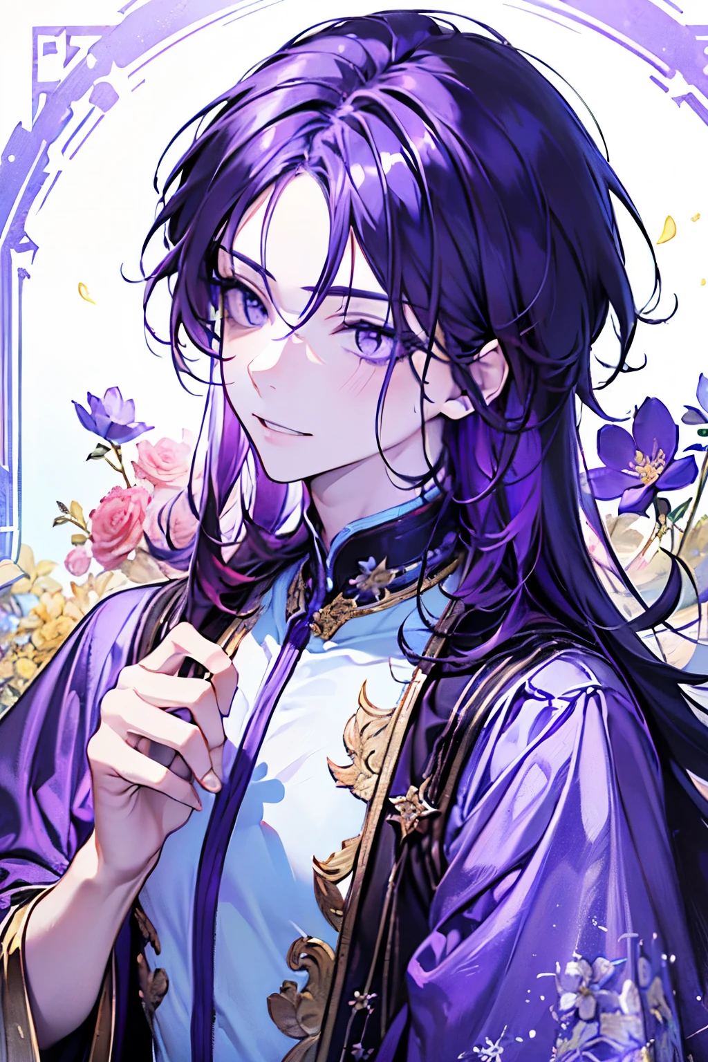 ((17years old man:1.2)),((male:1.5)),masterpiece, best quality,purple hair, (portrait),(shiny purple eyes:1.5), white Witch robe dress,(pop and cute flower pattern background), (perfect hand:1.2),(pink,yellow,milkyblue,white),looking front,((Sparkling Magic Wizard:1.1)),smile,((pointing at you with hand:1.2)),((upper body))