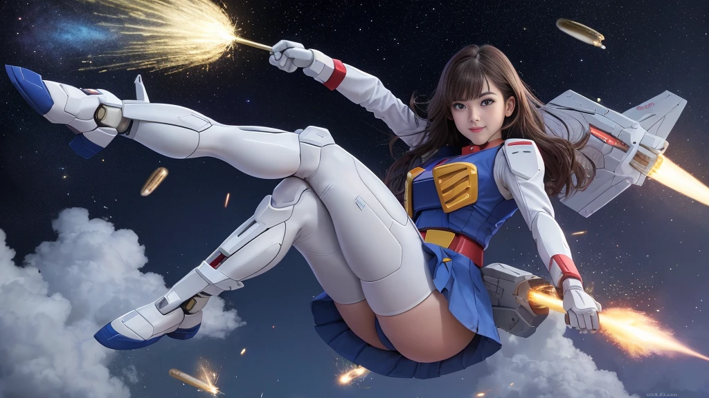 (highest quality), (masterpiece), Mobile Suit Gundam F91 personification, Browsing Caution, Great highlights for the upper body, Powerful Mech, Beautiful girl with a beam rifle, 19 years old, , Beautiful Eyes, Modest nose, Neat, smile, Medium Hair, Absolute area, Moist、Slightly thick thighs, whole body, Fighting Pose, Leg spread, Short skirt, universe, Battle scene with enemy,