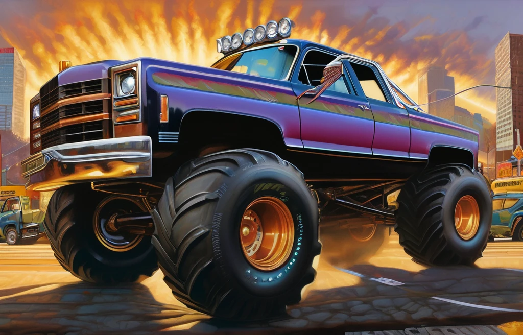 A breathtakingly realistic (((painting))), featuring a massive, intimidating Monster Truck violently cutting off a diminutive sedan amidst a bustling US 90 intersection. The truck glints with metallic gold, olive green matte, and fiery highlights, contrasting starkly against the surrounding chaos of commuters and their vehicles. Its towering figure dwarfs the tiny car, amplifying an air of dominance and impending danger. On one side, the scenery suggests West Springfield, while the other side showcases Springfield, indicating a sense of interconnectedness between two cities. The composition creates a tension-filled atmosphere that mirrors the frenzy of modern urban driving and the selfish attitudes that often characterize it.