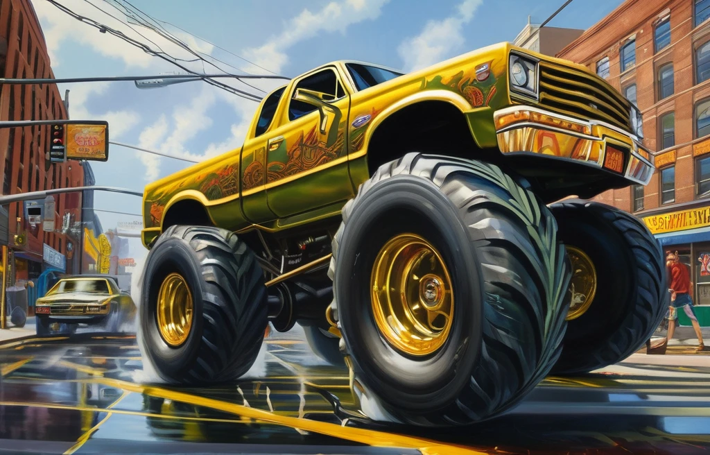 A breathtakingly realistic (((painting))), featuring a massive, intimidating Monster Truck violently cutting off a diminutive sedan amidst a bustling US 90 intersection. The truck glints with metallic gold, olive green matte, and fiery highlights, contrasting starkly against the surrounding chaos of commuters and their vehicles. Its towering figure dwarfs the tiny car, amplifying an air of dominance and impending danger. On one side, the scenery suggests West Springfield, while the other side showcases Springfield, indicating a sense of interconnectedness between two cities. The composition creates a tension-filled atmosphere that mirrors the frenzy of modern urban driving and the selfish attitudes that often characterize it.