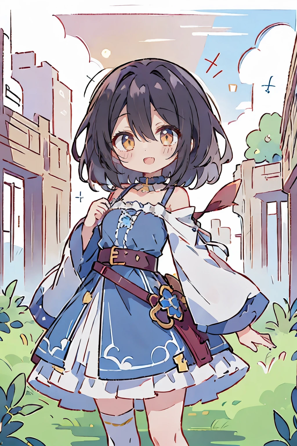 Hui Xiyi, Rekkyo Sensen, fantasy world, ruins, fort, beautiful sky, shining sky, sunshine, camisoles, belts, blue clothes, cross choker, wind blowing dress, lace dress, off-shoulder sleeves, white tights