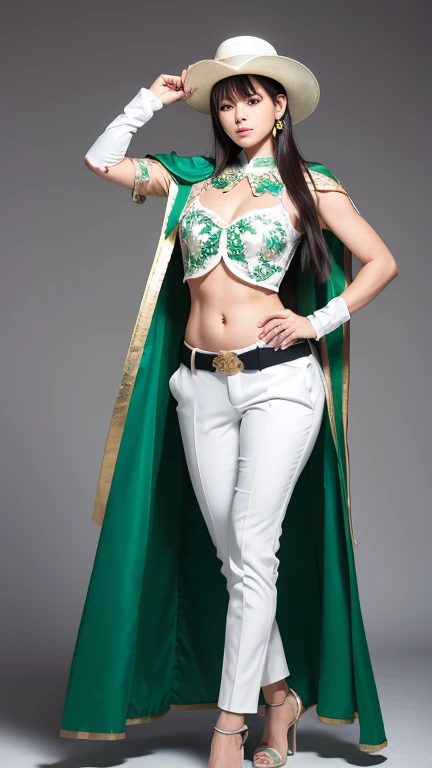 female knight，He is wearing a white floral short-sleeved suit and fitted white pants.，She is wearing a green floral vest, exposing a little bit of her belly.，He has a gauntlet on his arm and a sword in his left hand.。She is wearing a green floral cape, Green belt and white high heels，Wearing a white hat covering one eye，whole body，