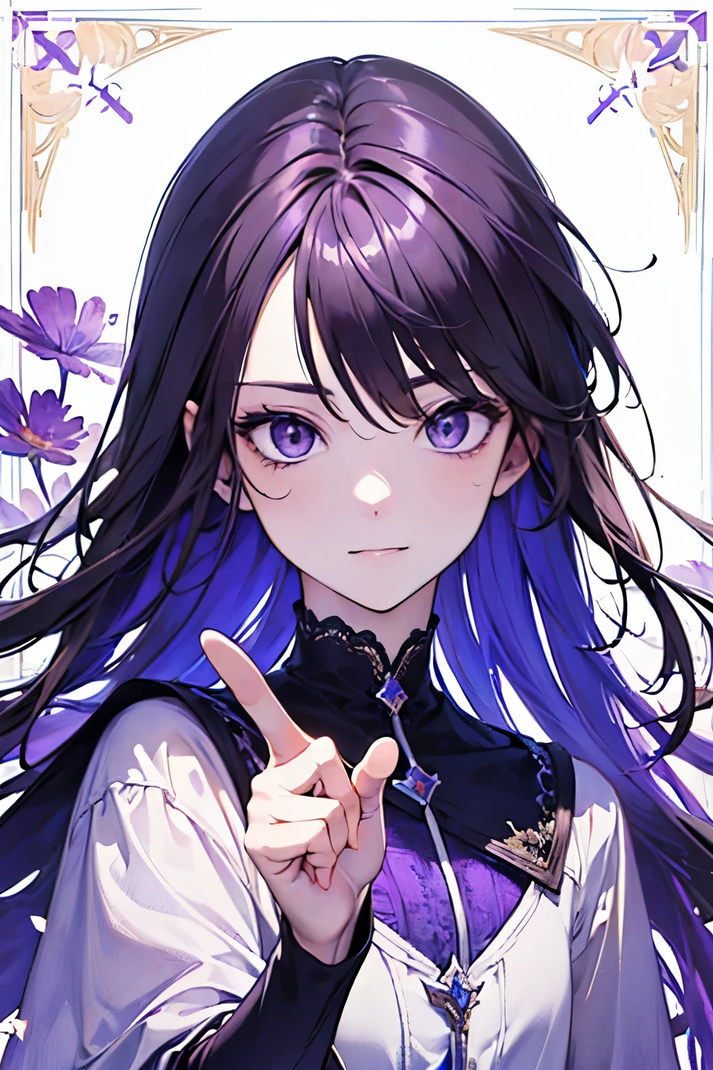 ((ars old man:1.2)),((male:1.5)),masterpiece, best quality,purple hair, (portrait),(shiny purple eyes:1.5), white Witch robe dress,(pop and cute flower pattern background), (perfect hand:1.2),(pink,yellow,milkyblue,white),looking front,((Sparkling Magic Wizard:1.1)),smile,((pointing at you with hand:1.2)),((upper body))