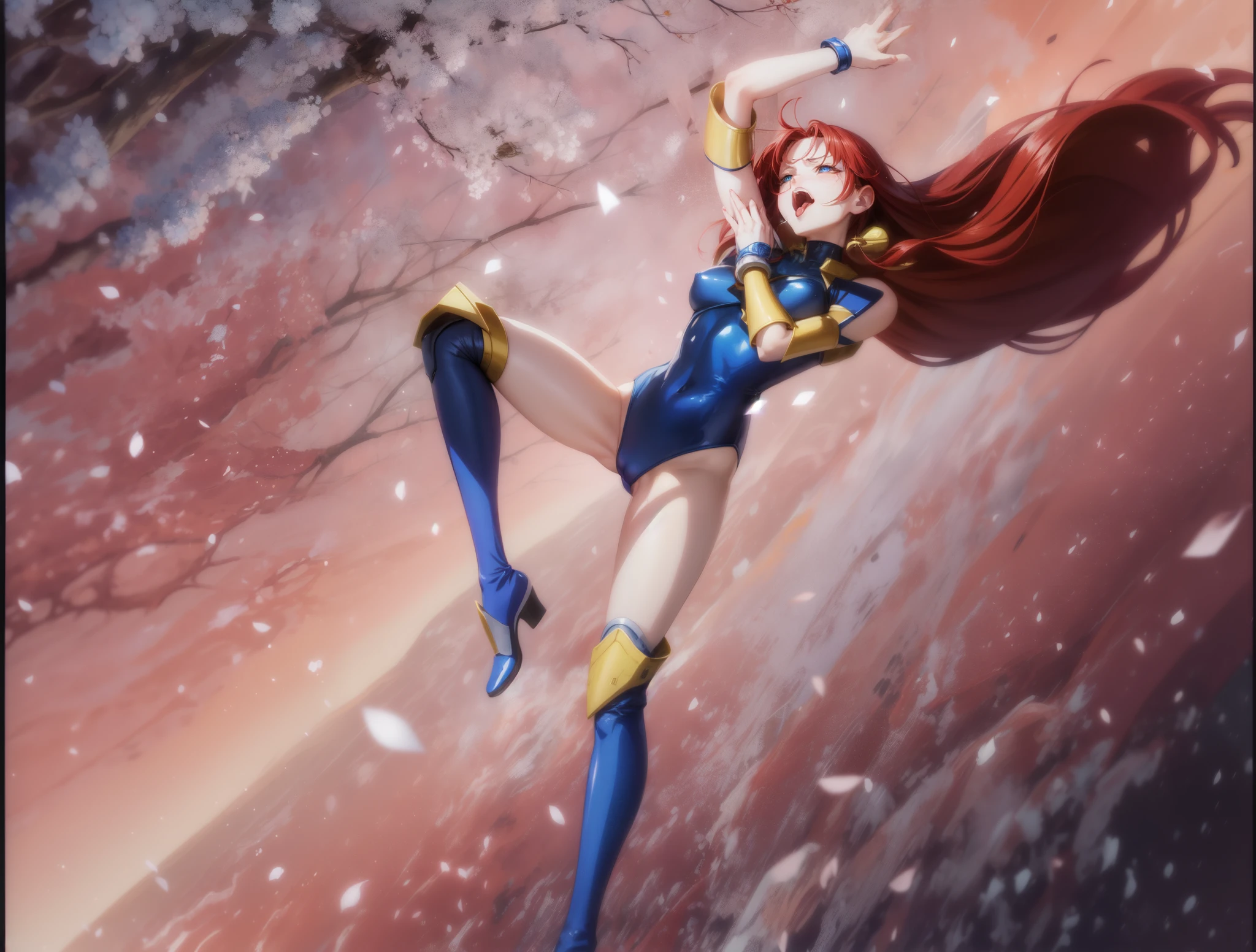 Female Combatant、Red haired Japanese girl、Close-up of a girl in a blue leotard、Blue glossy leotard、Blue knee-high boots、Yellow Globe、Saiyan Girl, wonderful, Nano Girl, Female body type, Inspired by Hiromu Arakawa, Anime Manga Robot!! Anime Girls, Fubuki, Full Body Suit, by Hiromu Arakawa、wonderful, silk, Beautiful and attractive anime teen, Anime Girls of the future, tears,Drooling,Pee,Sweat,Tongue out,incontinence,Peeing,Mouth open and tongue out,Estrus,Eyes wide open,Estrus,Blushing,Nipples are erect,Face is hot,Lust、Mouth wide open and tongue sticking out、incontinence、Crying face、Drooling、Red lips、Red tongue、Red tongueを大きく突き出している