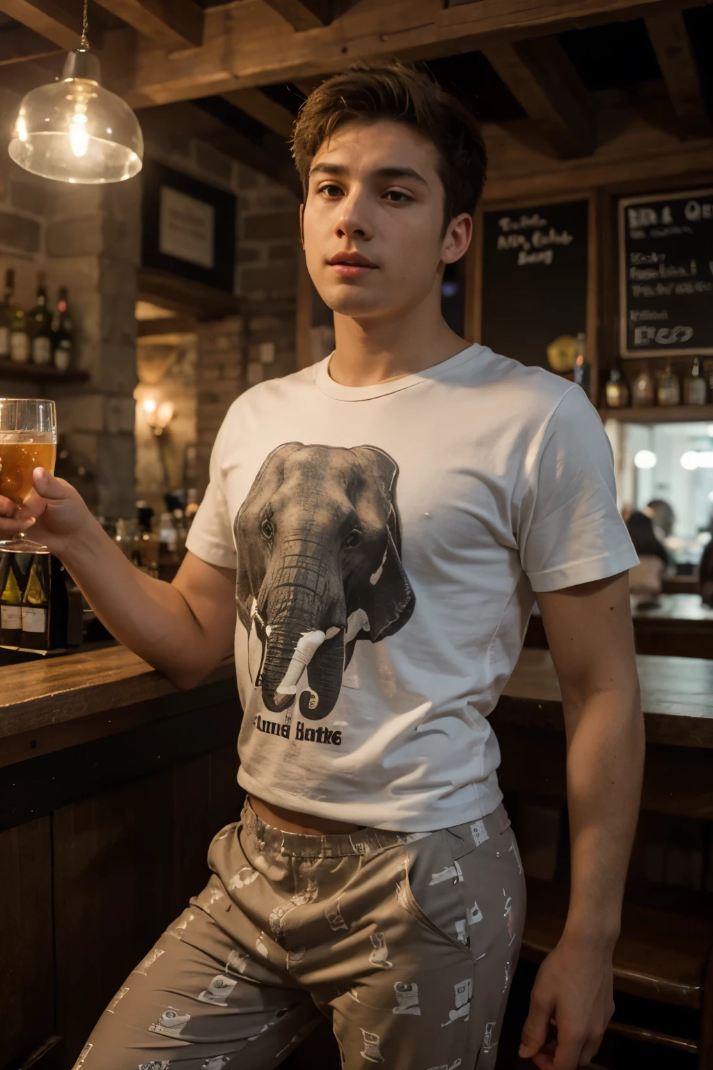 A handsome young man wears elephant pattern pants and an elephant pattern shirt, dancing in a pub alone. Various colors of lights EDM