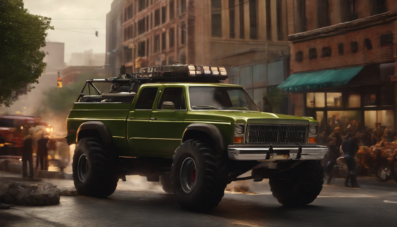 A breathtakingly realistic (((painting))), featuring a massive, intimidating Monster Truck violently cutting off a diminutive sedan amidst a bustling US 90 intersection. The truck glints with metallic gold, olive green matte, and fiery highlights, contrasting starkly against the surrounding chaos of commuters and their vehicles. Its towering figure dwarfs the tiny car, amplifying an air of dominance and impending danger. On one side, the scenery suggests West Springfield, while the other side showcases Springfield, indicating a sense of interconnectedness between two cities. The composition creates a tension-filled atmosphere that mirrors the frenzy of modern urban driving and the selfish attitudes that often characterize it.