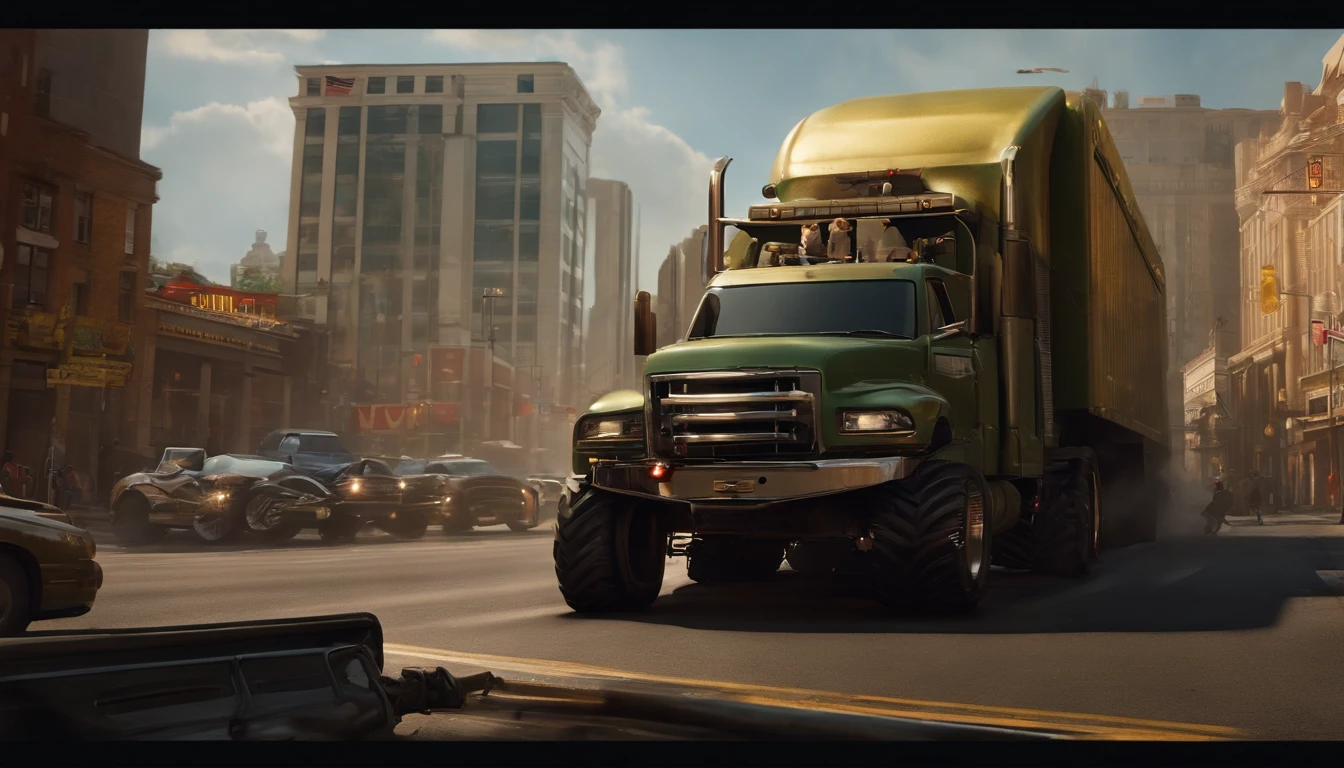 A breathtakingly realistic (((painting))), featuring a massive, intimidating Monster Truck violently cutting off a diminutive sedan amidst a bustling US 90 intersection. The truck glints with metallic gold, olive green matte, and fiery highlights, contrasting starkly against the surrounding chaos of commuters and their vehicles. Its towering figure dwarfs the tiny car, amplifying an air of dominance and impending danger. On one side, the scenery suggests West Springfield, while the other side showcases Springfield, indicating a sense of interconnectedness between two cities. The composition creates a tension-filled atmosphere that mirrors the frenzy of modern urban driving and the selfish attitudes that often characterize it.