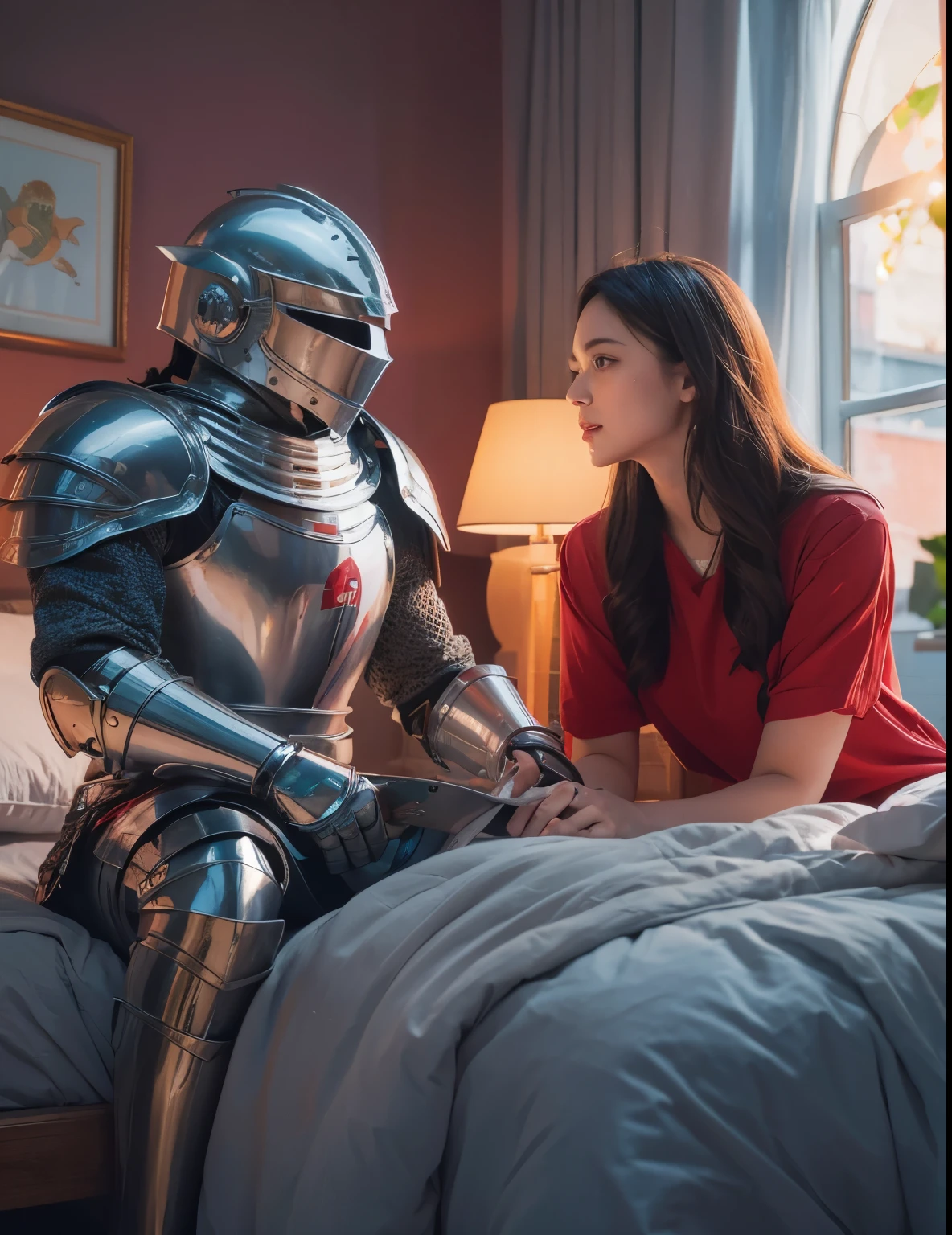 a male knight in full armor, next to a girl with red underwear, talking both on bed