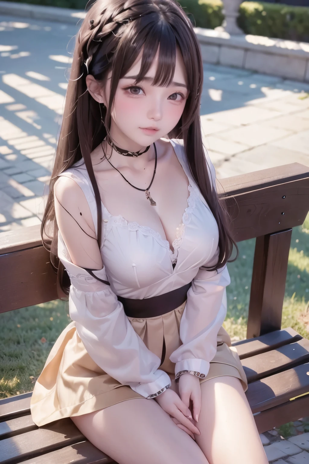 (masterpiece, highest quality), Intricate details, One girl,Long Hair、Brown Hair、all back、necklace、Sexy posture、blush、uniform、Sitting on a park bench