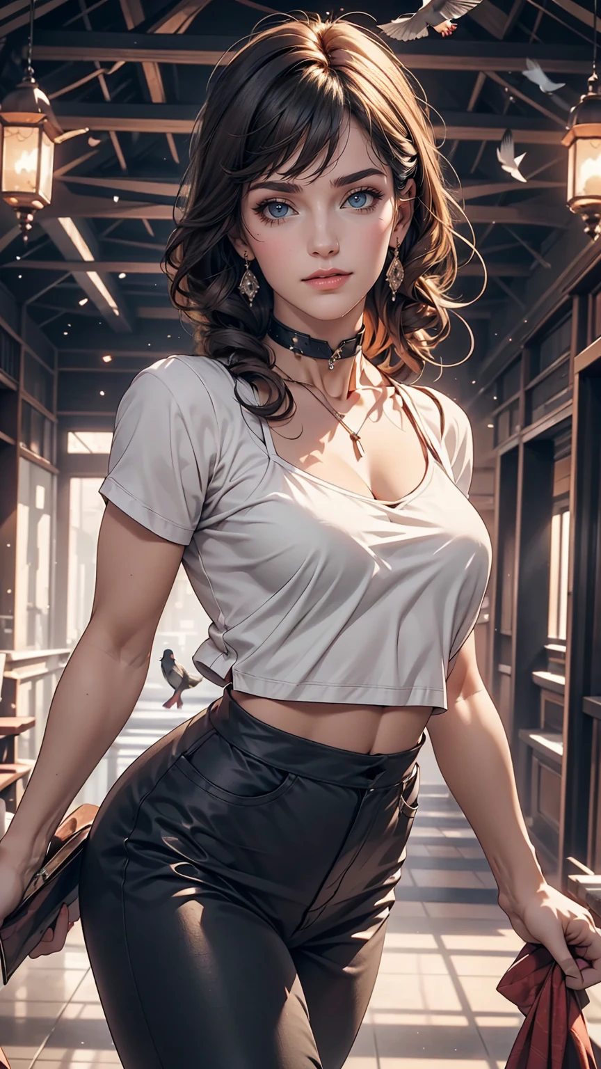 24-year-old female、Put your hands together and thrust them forward、Many pigeons land on my hands、Choker Neck((choker neck))Wear tops、Wear low rise leggings、smile、View your viewers、smile