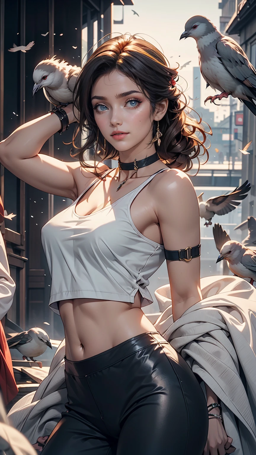 24-year-old female、Put your hands together and thrust them forward、Many pigeons land on my hands、Choker Neck((choker neck))Wear tops、Wear low rise leggings、smile、View your viewers、smile