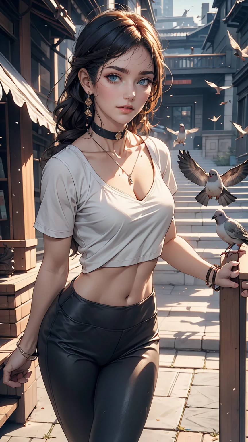 24-year-old female、Put your hands together and thrust them forward、Many pigeons land on my hands、Choker Neck((choker neck))Wear tops、Wear low rise leggings、smile、View your viewers、smile