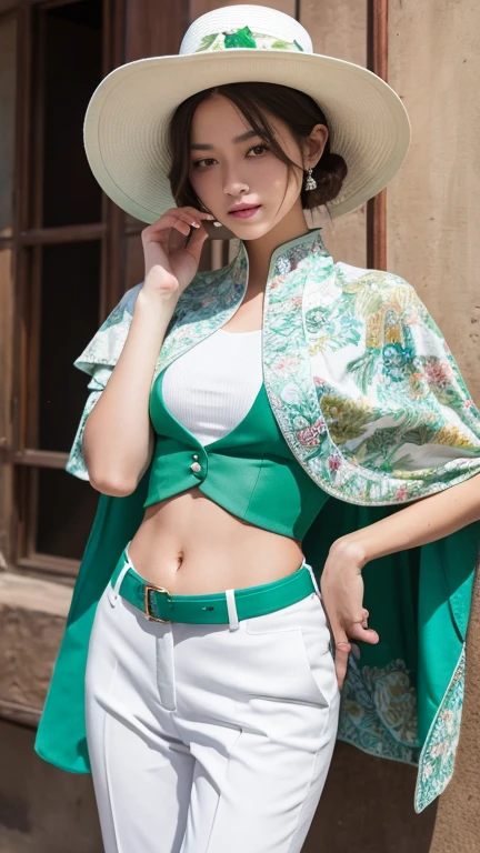 A female knight holding a sword in her right hand，He is wearing a white floral short-sleeved suit and fitted white pants.，She is wearing a green floral vest, exposing a little bit of her belly.，I have a trowel on my arm。She is wearing a green floral cape, Green belt and white high heels，Wearing a white hat covering one eye，whole body，