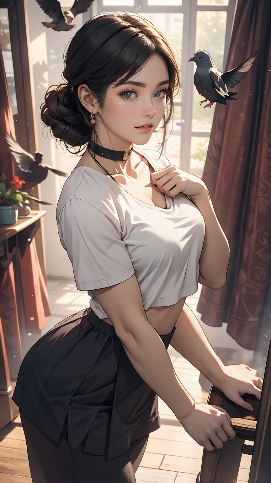 24-year-old female、Put your hands together and thrust them forward、Many pigeons land on my hands、Choker Neck((choker neck))Wear tops、Wear low rise leggings、smile、View your viewers、smile