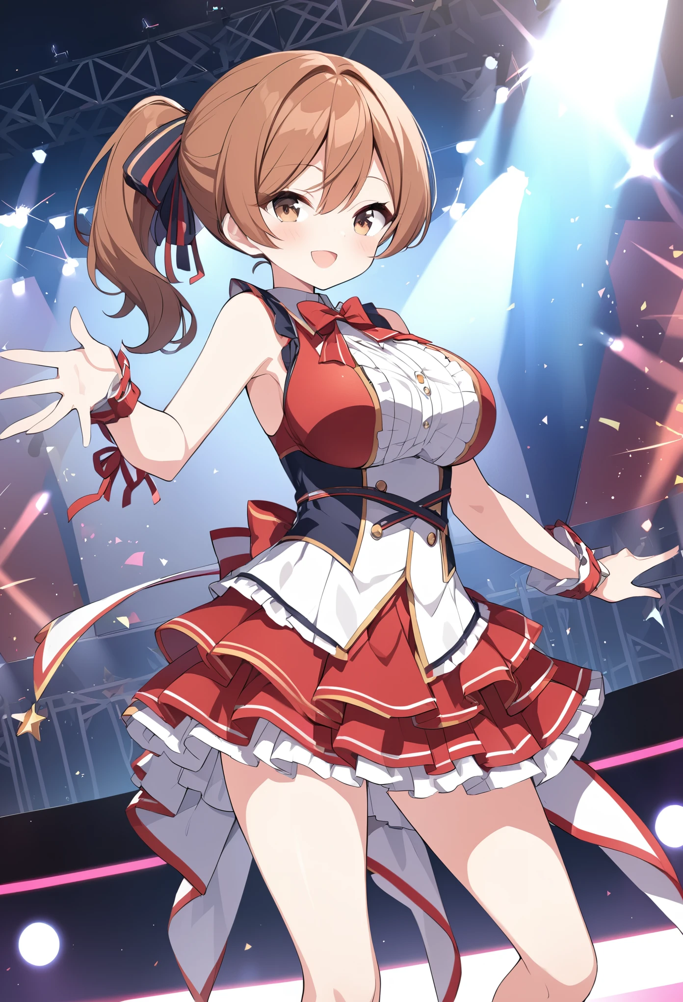 brown hair, short hair, ponytail, ribbon, brown eyes,, large breasts,, Live Stage, solo,