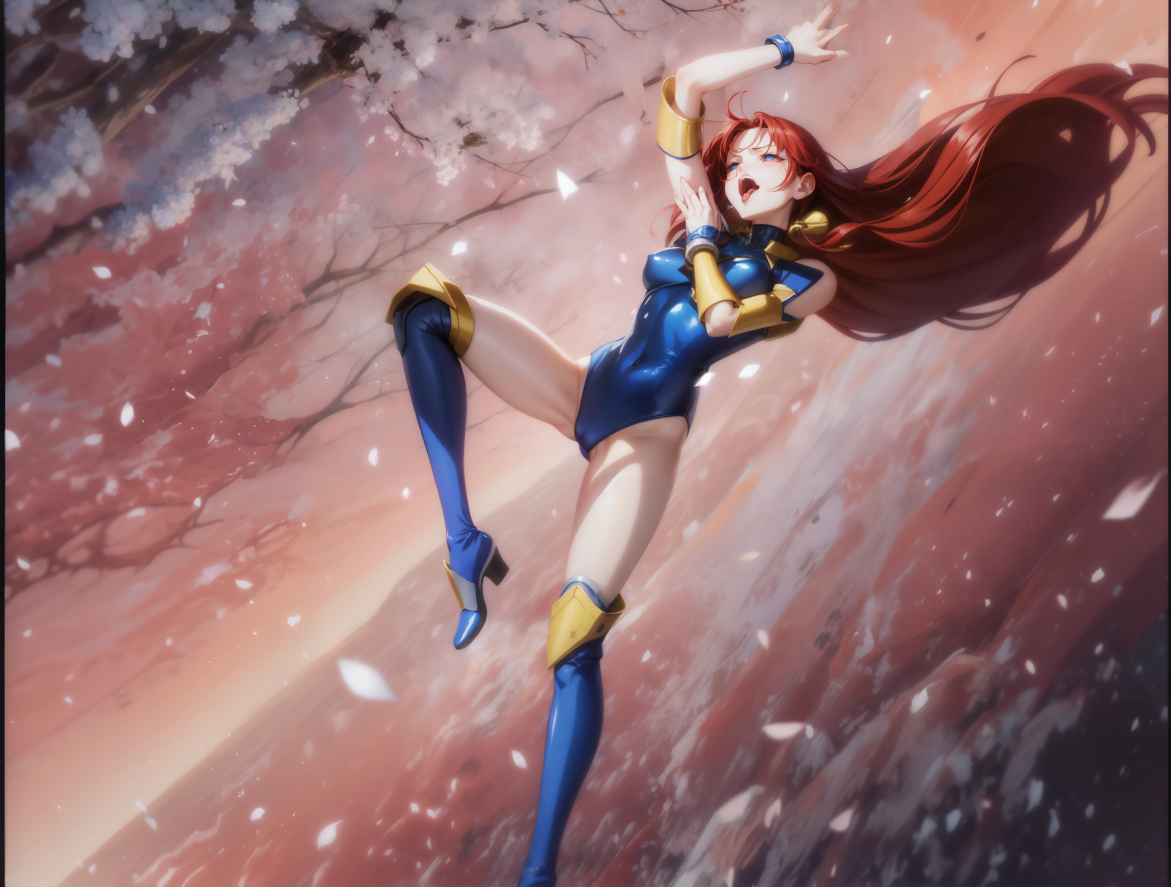 Female Combatant、Red haired Japanese girl、Close-up of a girl in a blue leotard、Blue glossy leotard、Blue knee-high boots、Yellow Globe、Saiyan Girl, wonderful, Nano Girl, Female body type, Inspired by Hiromu Arakawa, Anime Manga Robot!! Anime Girls, Fubuki, Full Body Suit, by Hiromu Arakawa、wonderful, silk, Beautiful and attractive anime teen, Anime Girls of the future, tears,Drooling,Pee,Sweat,Tongue out,incontinence,Peeing,Mouth open and tongue out,Estrus,Eyes wide open,Estrus,Blushing,Nipples are erect,Face is hot,Lust、Mouth wide open and tongue sticking out、incontinence、Crying face、Drooling、Red lips、Red tongue、Red tongue sticking out