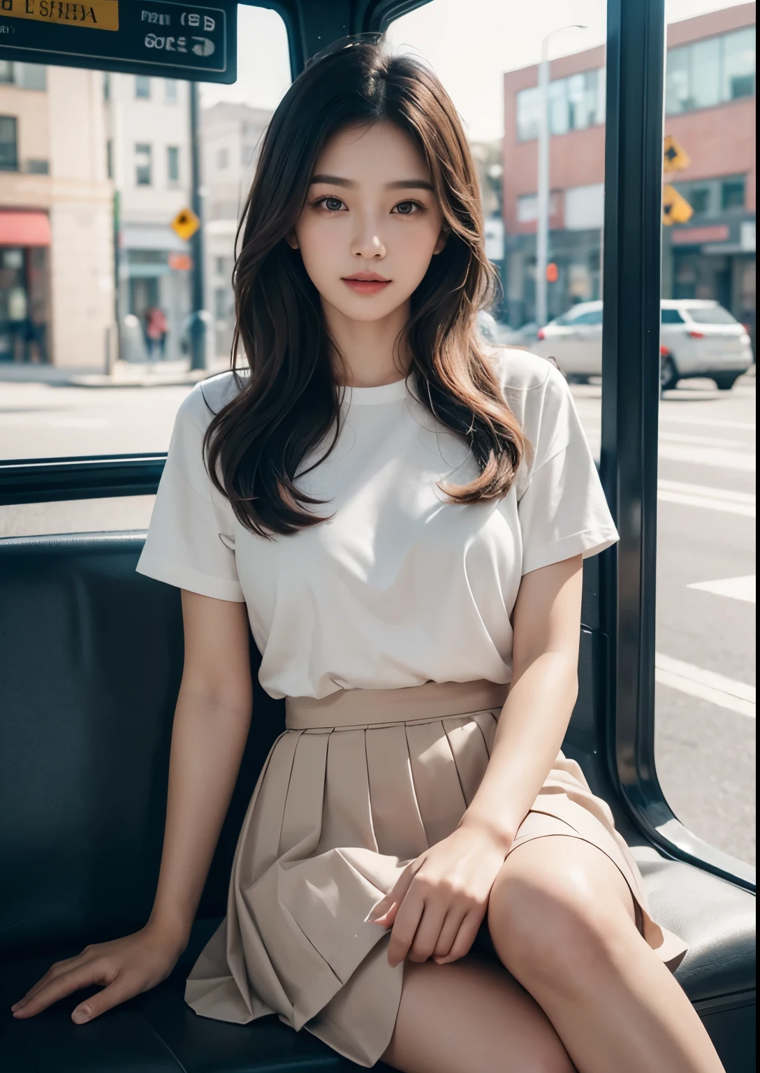 A beautiful Korean girl in a with a skirt above knee length, an extremely detailed and realistic portrait, high quality, photorealistic, 8k, vivid colors, studio lighting, warm color tones, detailed facial features, piercing eyes, perfectly sculpted lips, delicate skin, flowing hair, beautiful expression, elegant posture, , pleated skirt, waiting in bus stop, natural lighting, spotlights on face, intricate details, hyper-realistic, award-winning digital art, beautiful bright soft thighs, realistic skin, realistic face, Realistic beauty