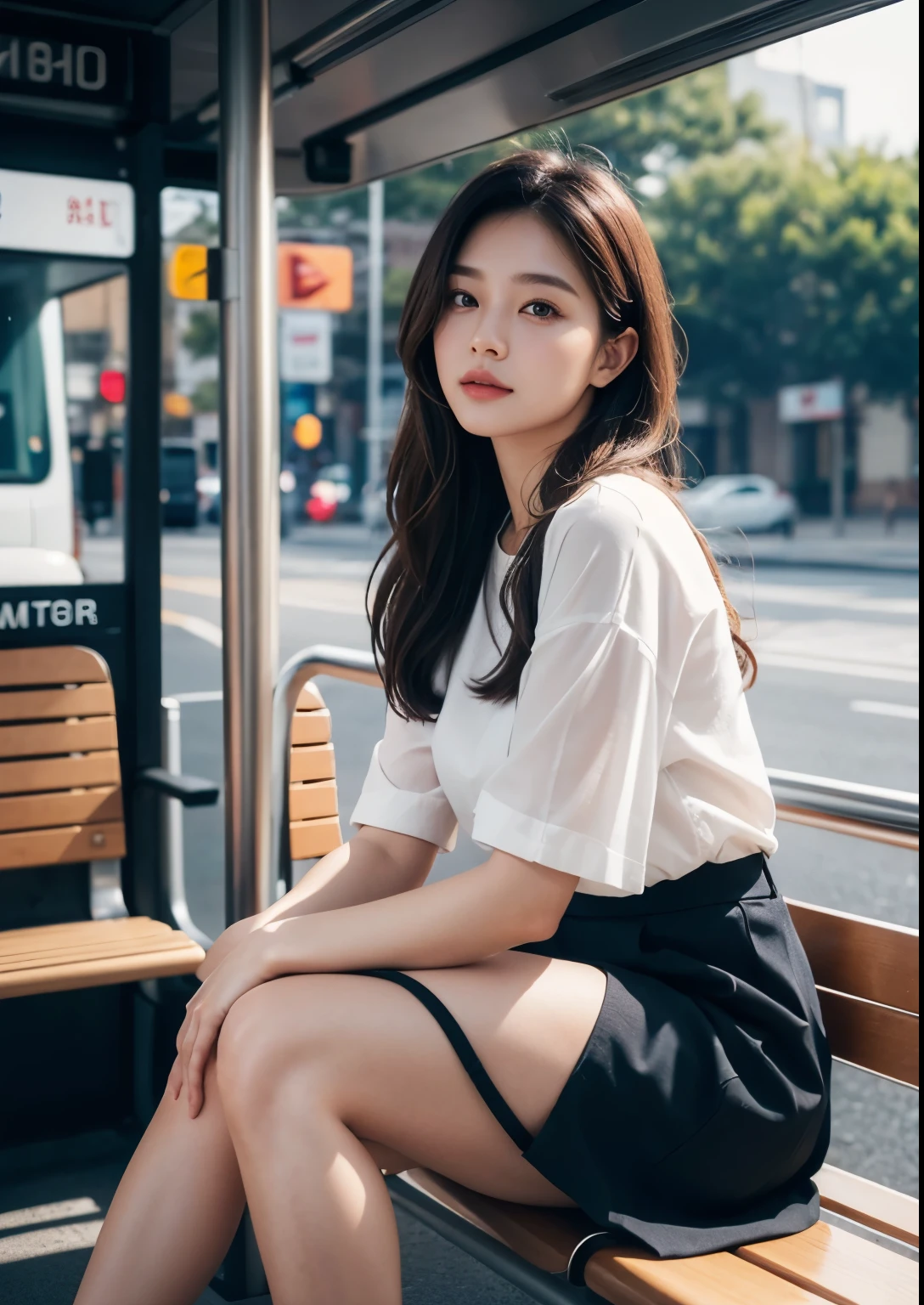 A beautiful Korean girl in a with a skirt above knee length, an extremely detailed and realistic portrait, high quality, photorealistic, 8k, vivid colors, studio lighting, warm color tones, detailed facial features, piercing eyes, perfectly sculpted lips, delicate skin, flowing hair, beautiful expression, elegant posture, , pleated skirt, waiting in bus stop, natural lighting, spotlights on face, intricate details, hyper-realistic, award-winning digital art, beautiful bright soft thighs, realistic skin, realistic face, Realistic beauty