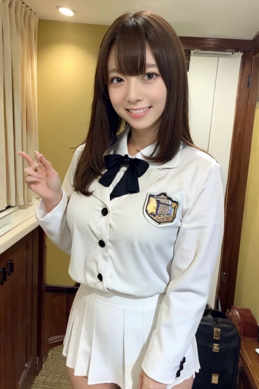 Gravure idol pose　Hotel　uniform　White clothes　high resolution　Not too small bust　Black Mini Skirt　Skirts should be shortened