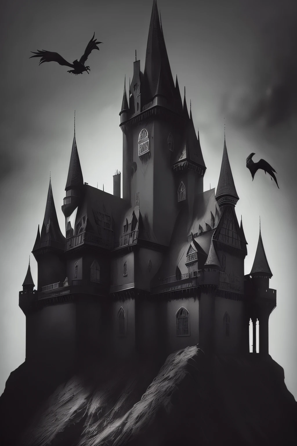 a black and white photo of a castle surrounded by crows, ominous gothic aesthetic, gothic atmosphere, dark fantasy setting, fantasy dark art, dark fantasy mixed with realism, gothic horror vibes, gothic art, dark and gothic, gothic background, dark fantasy. intricate, gothic fantasy art, dark fantasy art, gothic art style, gothic horror, gothic aesthetic, highly detailed dark art