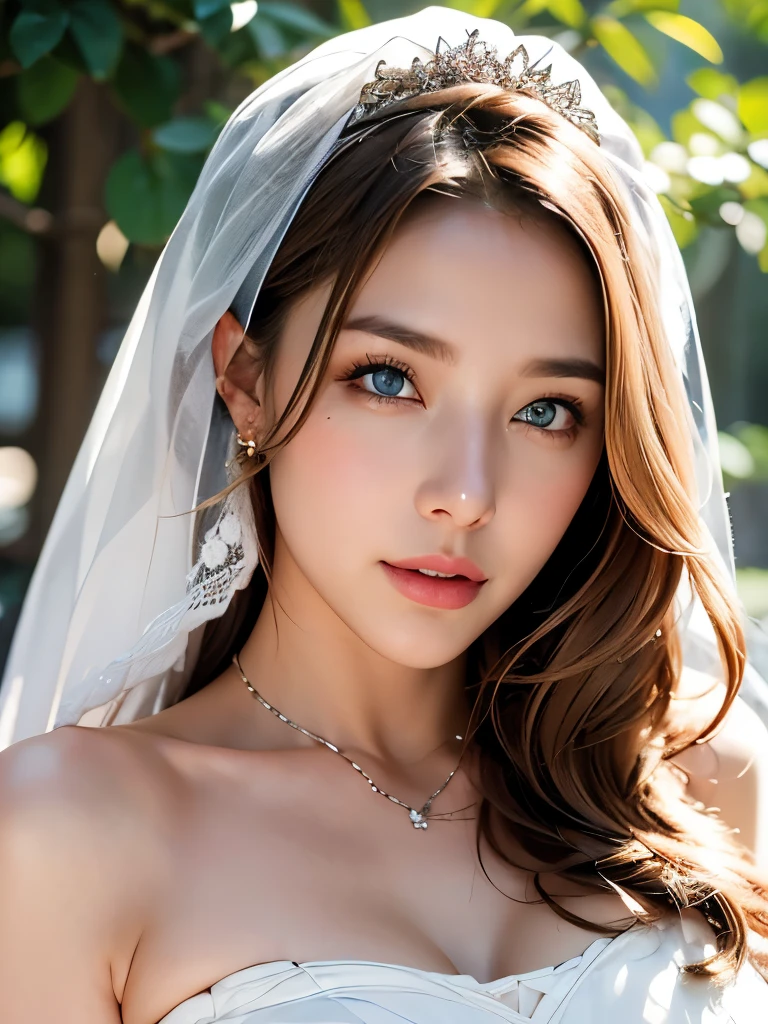 Bridal Veil, Lace Trim Dresses, Wedding dress, Outdoor, Very detailed,、(((masterpiece)))、((highest quality))、((超Realistic))、Best image quality、Fine-grained image quality、beautiful、European, woman, Italian、Bronze Hair、Golden Hair、jewelry, blue eyes, Realistic, Soft Light,Hip Up, Glowing Skin, (Detailed face),blonde, Wavy Hair,Perfect balance,