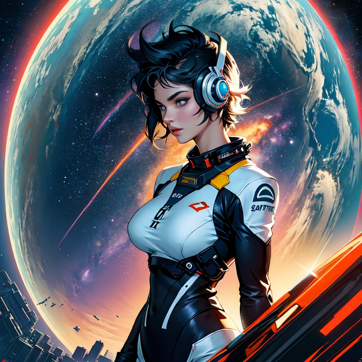 (((32k))),(((highest quality))),(Perfect One Woman),80's,old movie posters,retro,vintage,bauhaus,abstract,Space Thriller Movie Poster,Futuristic,shape,OK,cosmos,galaxy,satellite,mechanical,Geometric pattern,meteor,meteorite,planet,very delicate,Space Astronaut,Milky Way,big breasts,cleavage,rainbow,massive stream of light,flare,overlay,unreality,Extraordinary,