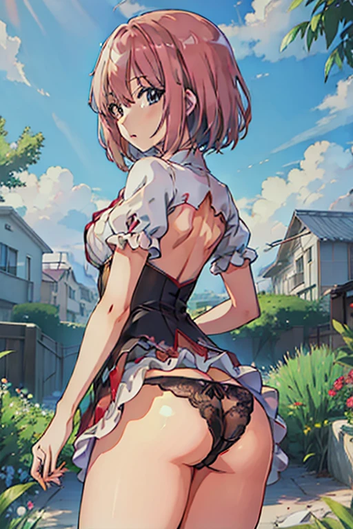 ((((Super Illustration Style:1.0)))),highest quality,Best Anime,masterpiece,Ray Tracing, Global Illumination,Black lace panties,One girl, alone,Ass Focus,Outdoor