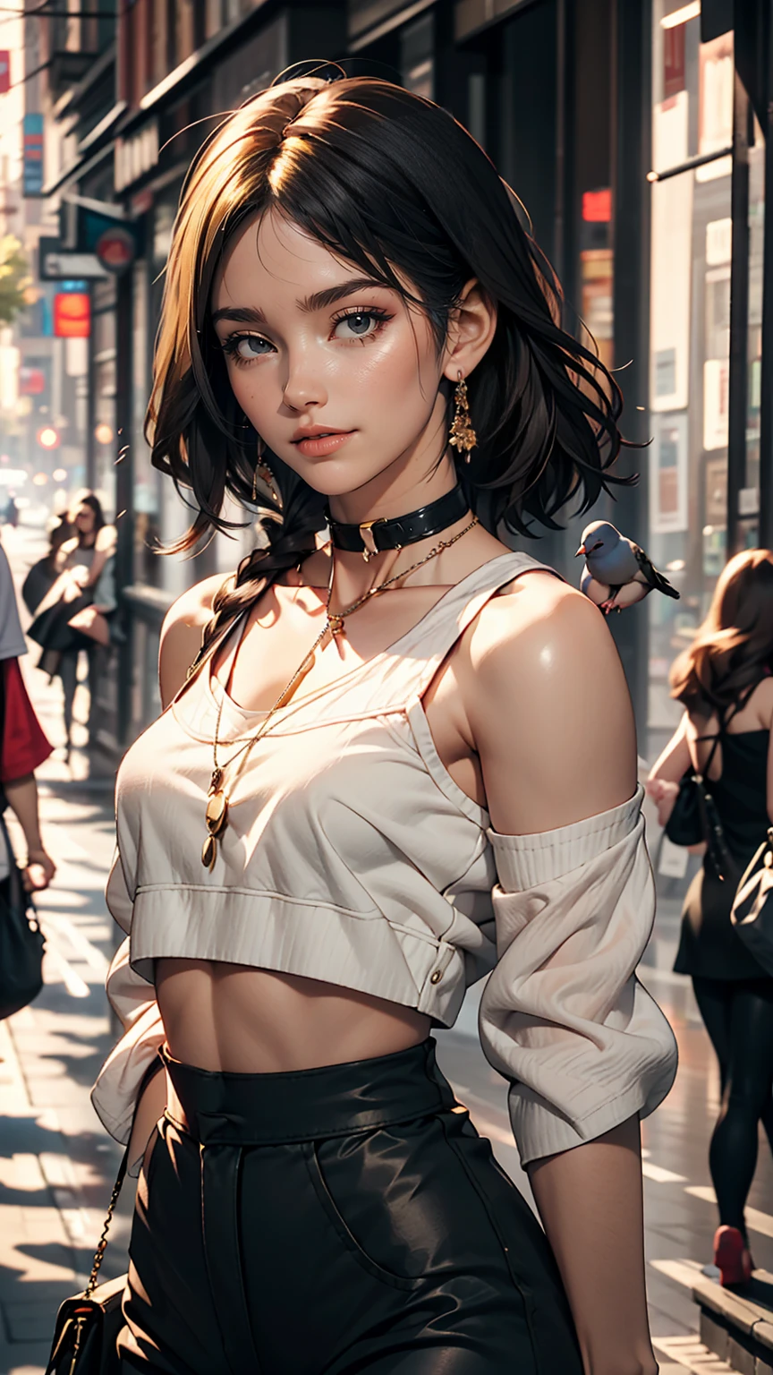24-year-old female、Put your hands together and thrust them forward、Many pigeons land on my hands、Choker Neck((choker neck))Wear tops、Wear low rise leggings、smile、View your viewers、smile