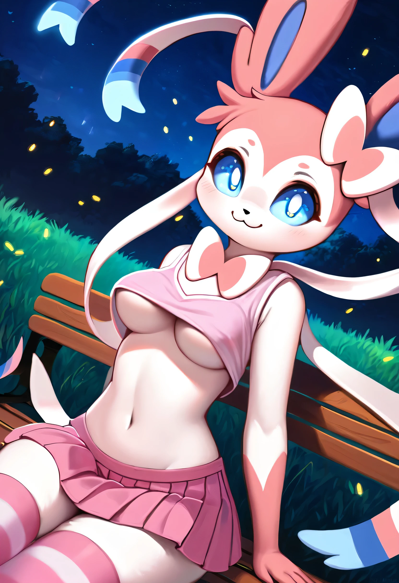 mammal, sylveon, [Disney], anime, digital painting, cute, adorable, 1girl, [[chubby]], narrow_waist, wide_hips, round_navel, breasts, bench, sitting, looking_at_viewer, :3, underboob, pink t-shirt, pink skirt, pink stripped stockings, night, grass, fireflies, anime, digital painting, night_sky, vibrant_lighting newest, 2023, ((masterpiece, best_quality)), hi_res, hd, intricate_details, highly_detailed, questionable